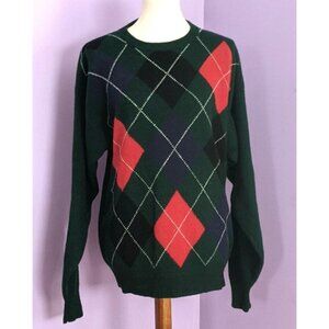 Clansman Argyle Sweater Men Sz XL Lambs Wool Vintage Knit Green Navy Red